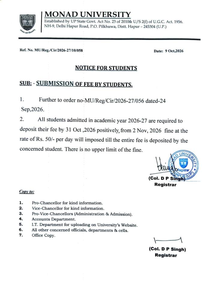 Submission Of Fee By Students